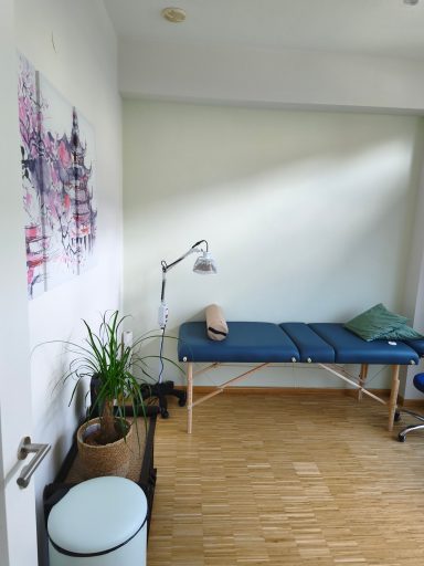 Helle Therapieräume mit einer Liege, Pflanze und Kunst an der Wand.