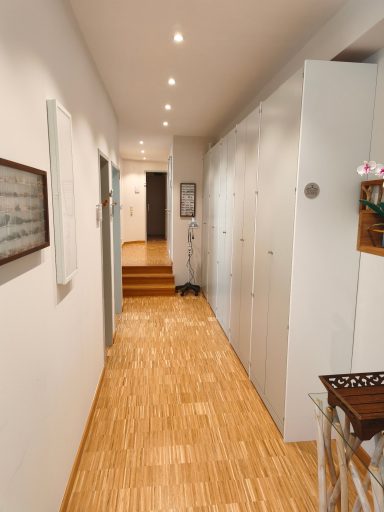 Ein heller Flur mit Holzfußboden, Wänden in neutralen Farben und Schränken.